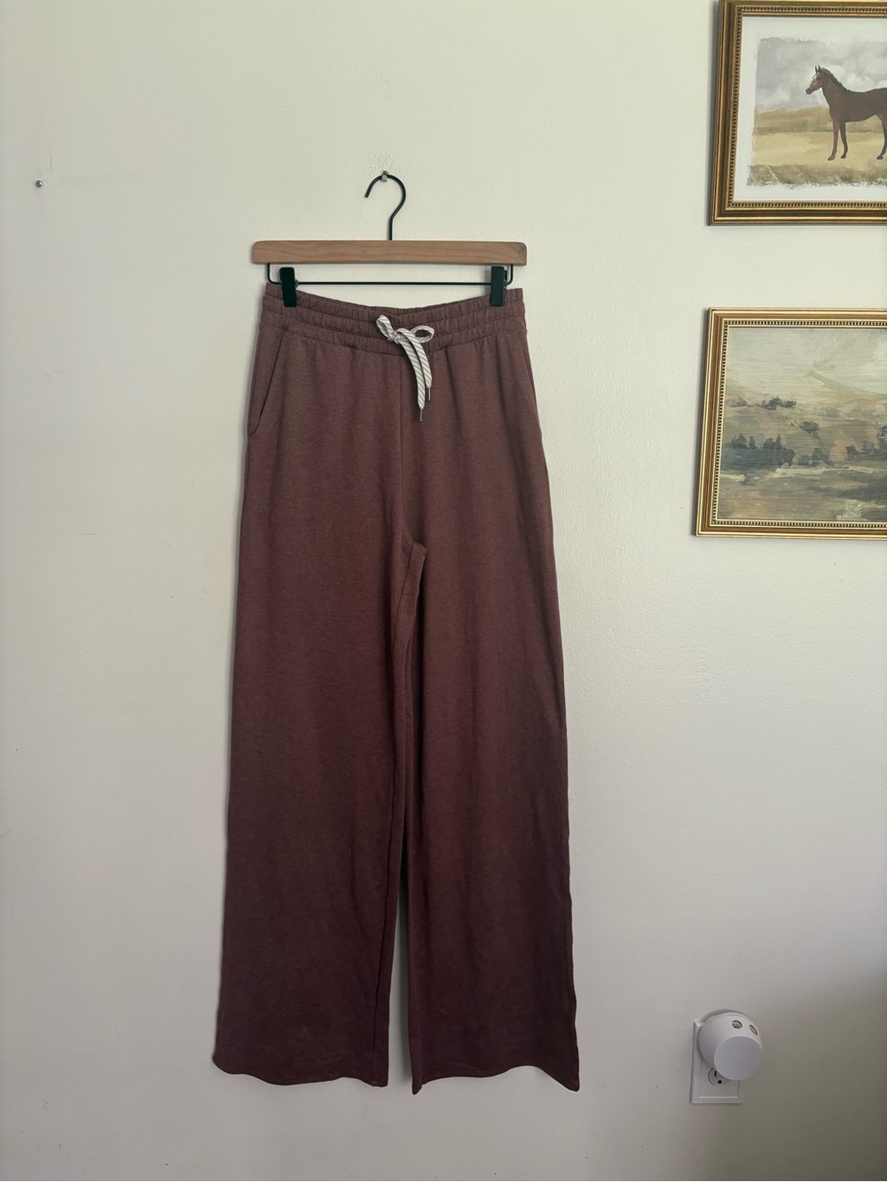 Vuori Wide Leg Lounge Pants in Sable Heather with Cream Drawstring